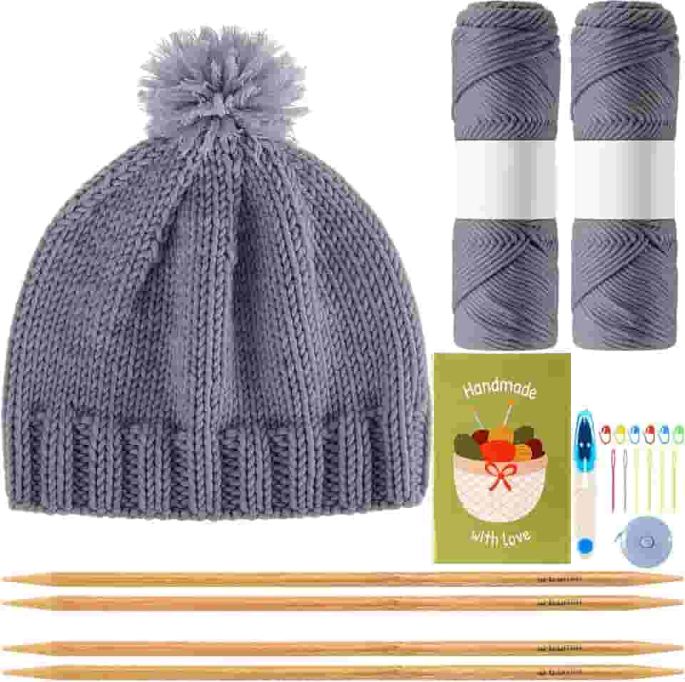 Maasechs Kits de tricô para iniciantes e adultos, conjunto completo de tricô com fio de agulhas de bambu, kit de crochê para iniciantes com acessórios completos de crochê para mulheres e homens (cinza