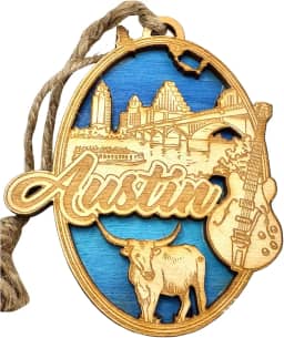 Enfeite Austin Texas para árvore de Natal de madeira, música ao vivo, capital mundial, feito nos EUA