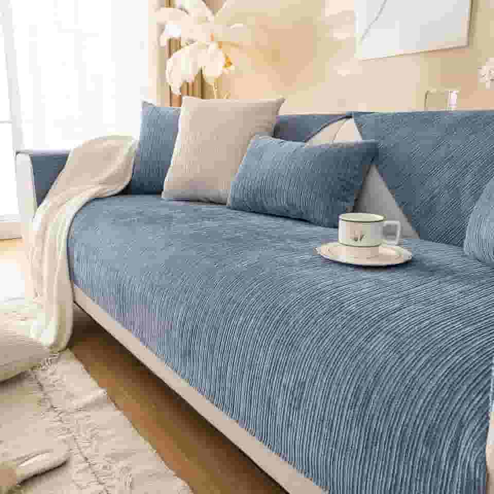Capas de sofá de chenille texturizadas, listradas, simples, antiarranhões, lavável, antiderrapante, azul, 70 x 180 cm