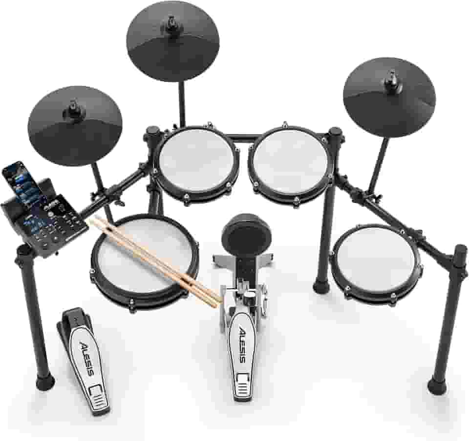 Alesis Nitro Max Kit Bateria eletrónica com remendos silenciosos de malha, caixa de zona dupla de 10', Bluetooth, 440 sons autênticos, aulas Drumeo, USB MIDI, pedal de bombo
