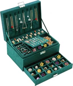 Caixas de joias para mulheres, organizador de joias de veludo verde com cadeado, organizadores de joias para adolescentes e suporte de brinco e colar, caixa organizadora feminina para colares, brincos