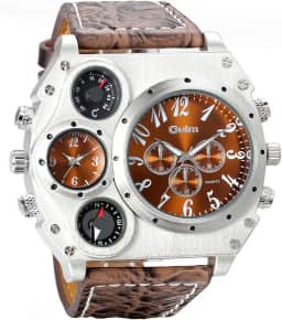 Relógio de pulso masculino com caixa grande, pulseira de couro, fuso horário duplo, analógico de quartzo, termômetro e bússola decorativos