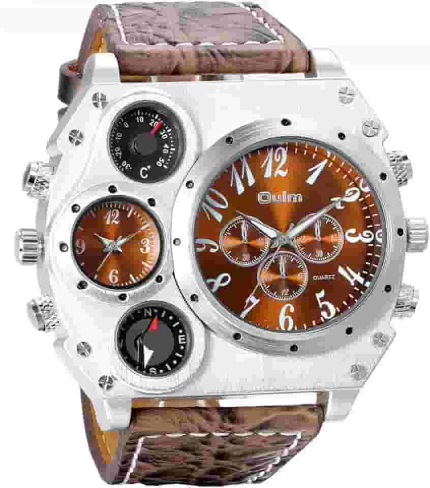 Relógio de pulso masculino com caixa grande, pulseira de couro, fuso horário duplo, analógico de quartzo, termômetro e bússola decorativos