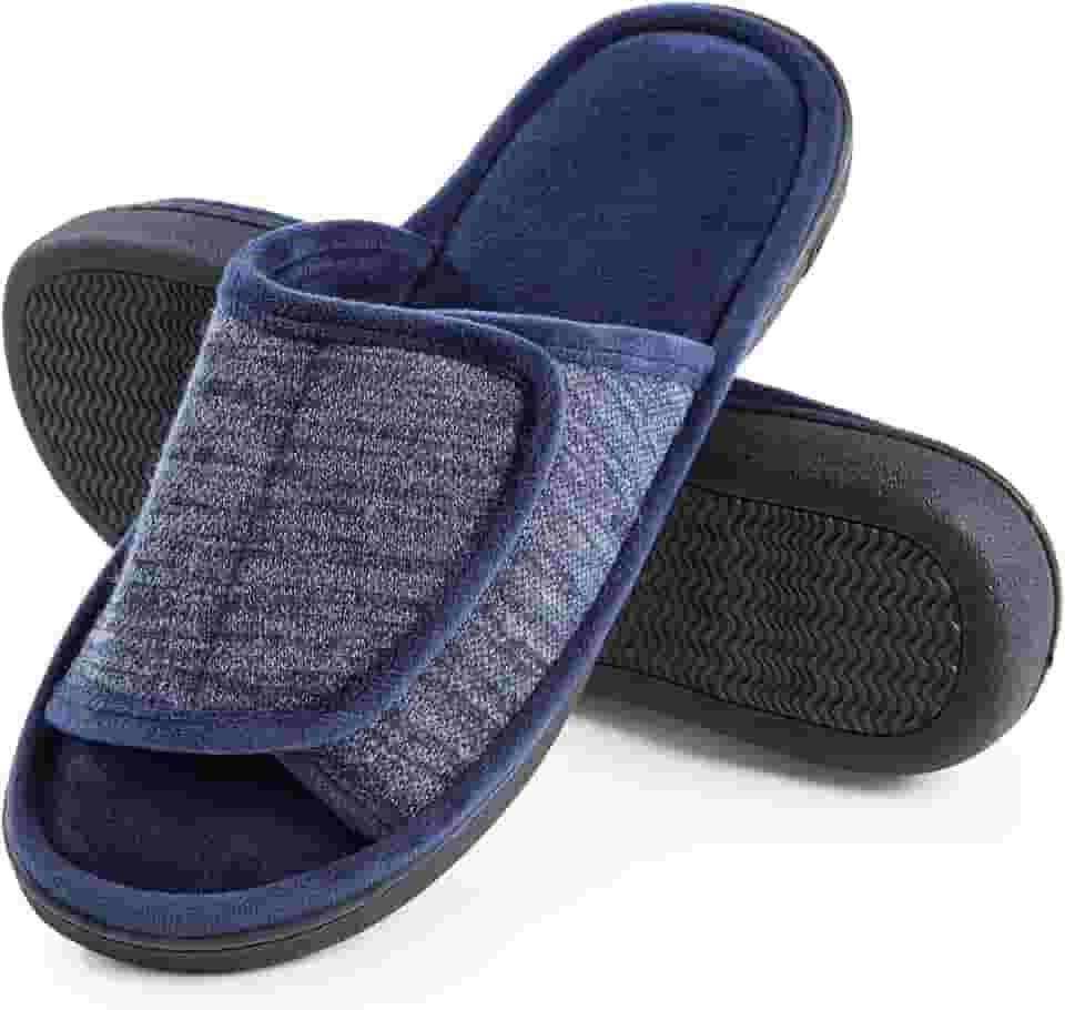 Pantufas masculinas ajustáveis DL – espuma de memória, pantufas de casa com bico aberto para homens ao ar livre, pantufas de quarto respiráveis para homens, sola de borracha antiderrapante, preta, cinza, marrom marinho