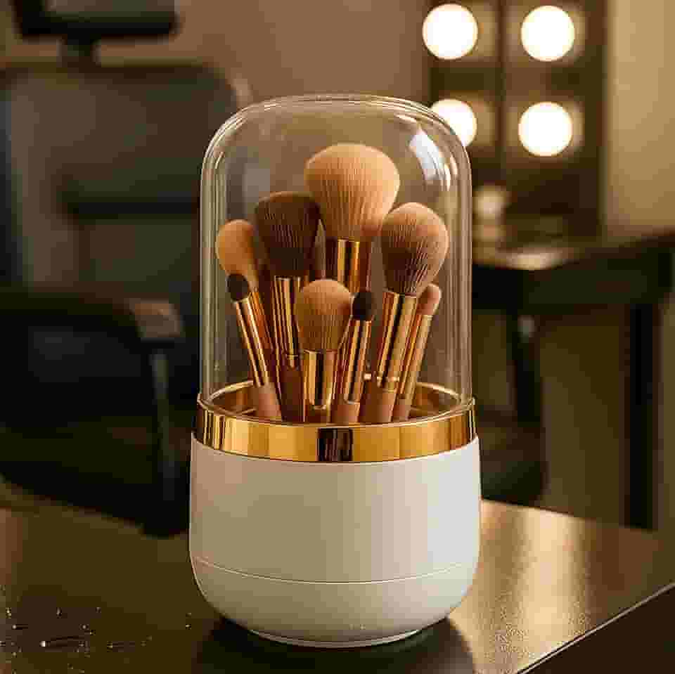 Organizador De Maquiagem Premium Giratório 360°, Com Tampa Acrílica, Divisórias Internas, Base Antiderrapante, Porta Pincel Compacto E Portátil Para Viagem, Marca VARENZIA