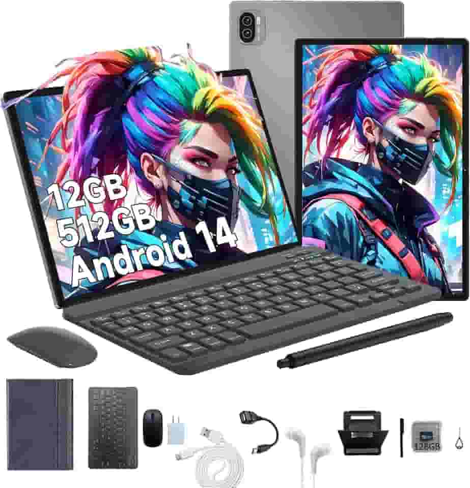 3 em 1 Tablet, com Capa/Teclado/Mouse, 10.1 Polegada, 1920×1200 Tela, 1920x1200 Tela Processador Octa-Core, 12GB RAM+512GB ROM, Câmera de 16MP + 32MP, Android 14, 8000mAh, Versão WiFi (Cinza)
