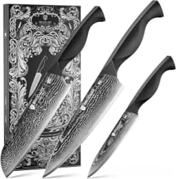 BRODARK Conjunto de facas de damasco 3 peças: conjunto de facas de cozinha afiadas de damasco, facas de chef japonesas profissionais com cabo ABS ergonômico completo para casa, restaurante (série Dark