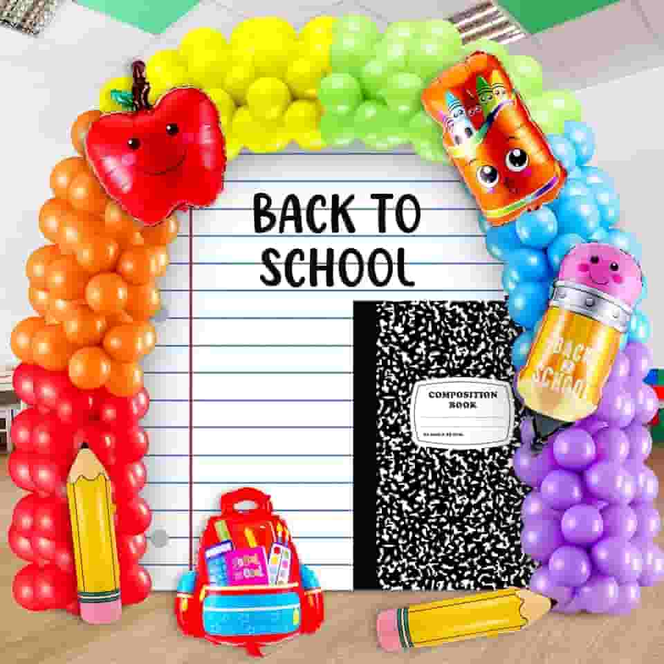 Back to School Party Decorations 158 Pcs Rainbow Balloon Garland Arch Kit with Large Notebook Paper and Composition Book Backdrop Banner for First Day of School Kindergarten Party Supplies