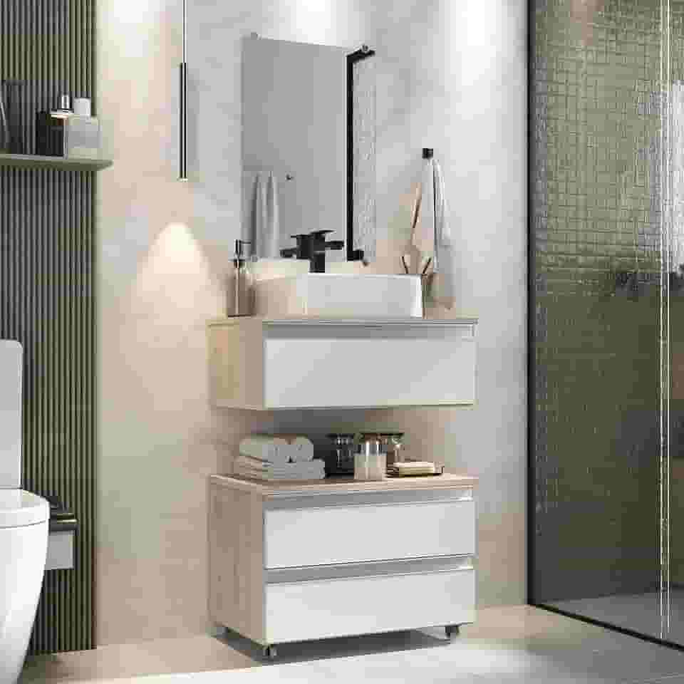 Gabinete Banheiro Creta 60cm (02 armários + cuba + espelho) (Madeirado/Branco)