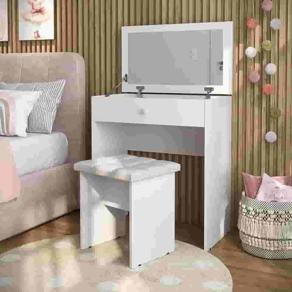 Penteadeira Escrivaninha Mesa Camarim Com Espelho e Gaveta e Banqueta (Branco)