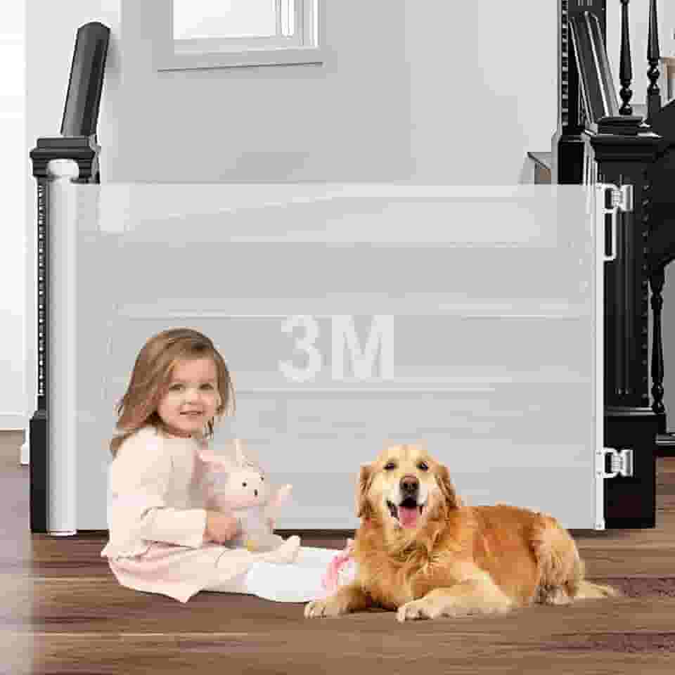 3m Portão Grade Retrátil de Proteção para Bebês e Cachorros, Portaozinho de Escada Instalação Sem Furos, Trava Dupla,Operação com uma mão,Portao Segurança Bebê Pet, Cercado para Cachorros