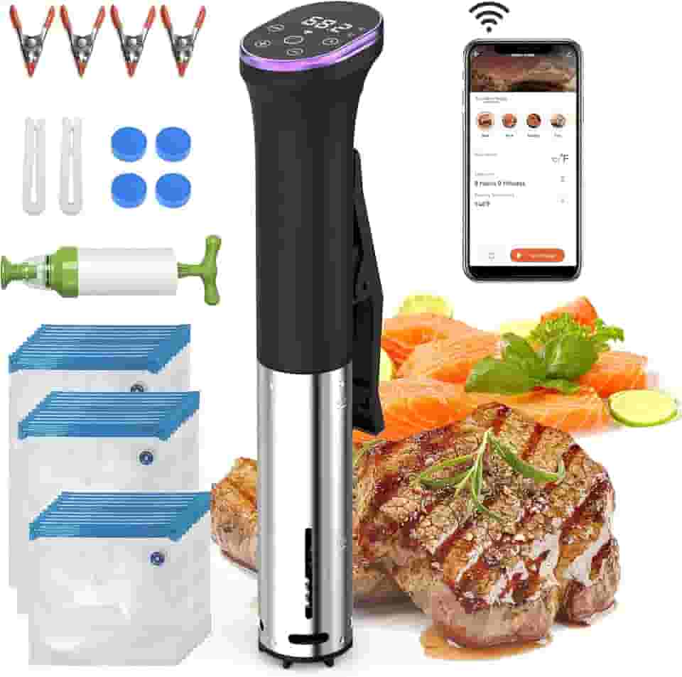 Hobsir Kit de cozimento sous vide, máquina de sous vide de 1100 W com 30 sacos de vedação, bomba de vácuo, ímãs, LED, controle de aplicativo Wi-Fi, circulador de imersão de aço inoxidável silencioso