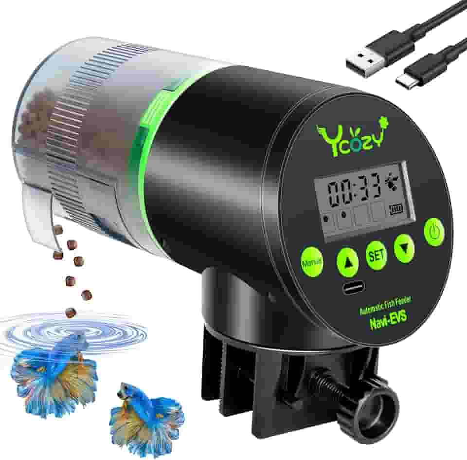Ycozy Alimentador Automático de Peixes Recarregável com Cabo USB Alimentador Elétrico Inteligente para Peixes/Tartarugas Peixes Dispensador para Aquário e Tanque, Navi-EVS