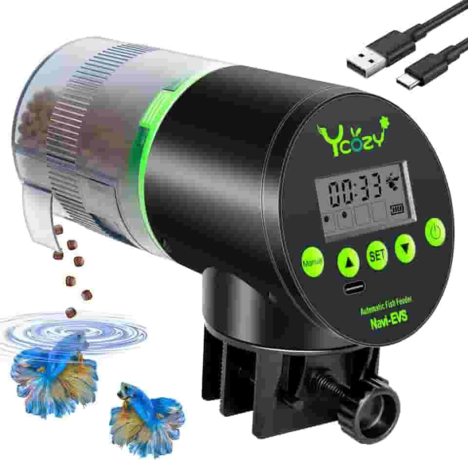 Ycozy Alimentador Automático de Peixes Recarregável com Cabo USB Alimentador Elétrico Inteligente para Peixes/Tartarugas Peixes Dispensador para Aquário e Tanque, Navi-EVS