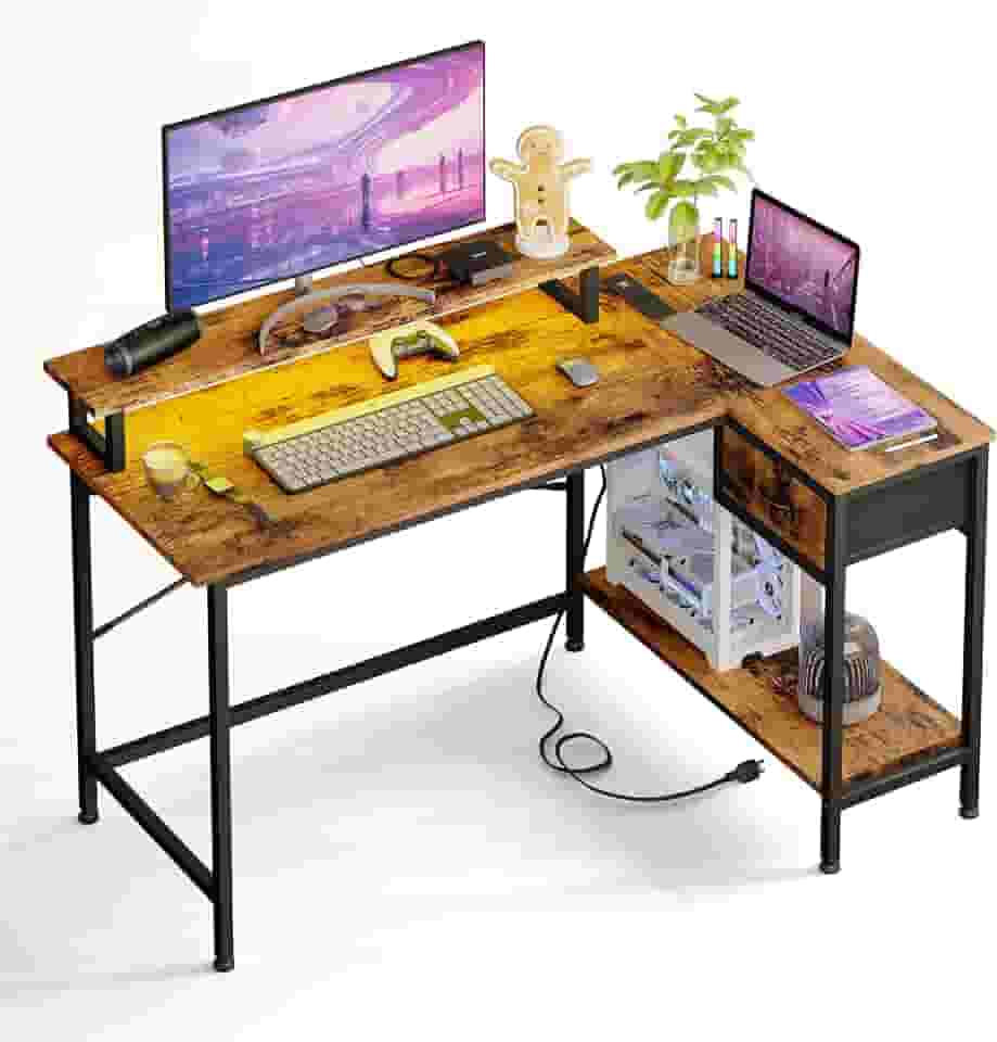 Fixwal Mesa de jogos para quarto, mesa de computador de canto pequena em forma de L com tomadas elétricas e luzes LED, mesa de computador, mesa de escritório doméstico com gaveta, mesa de estudo