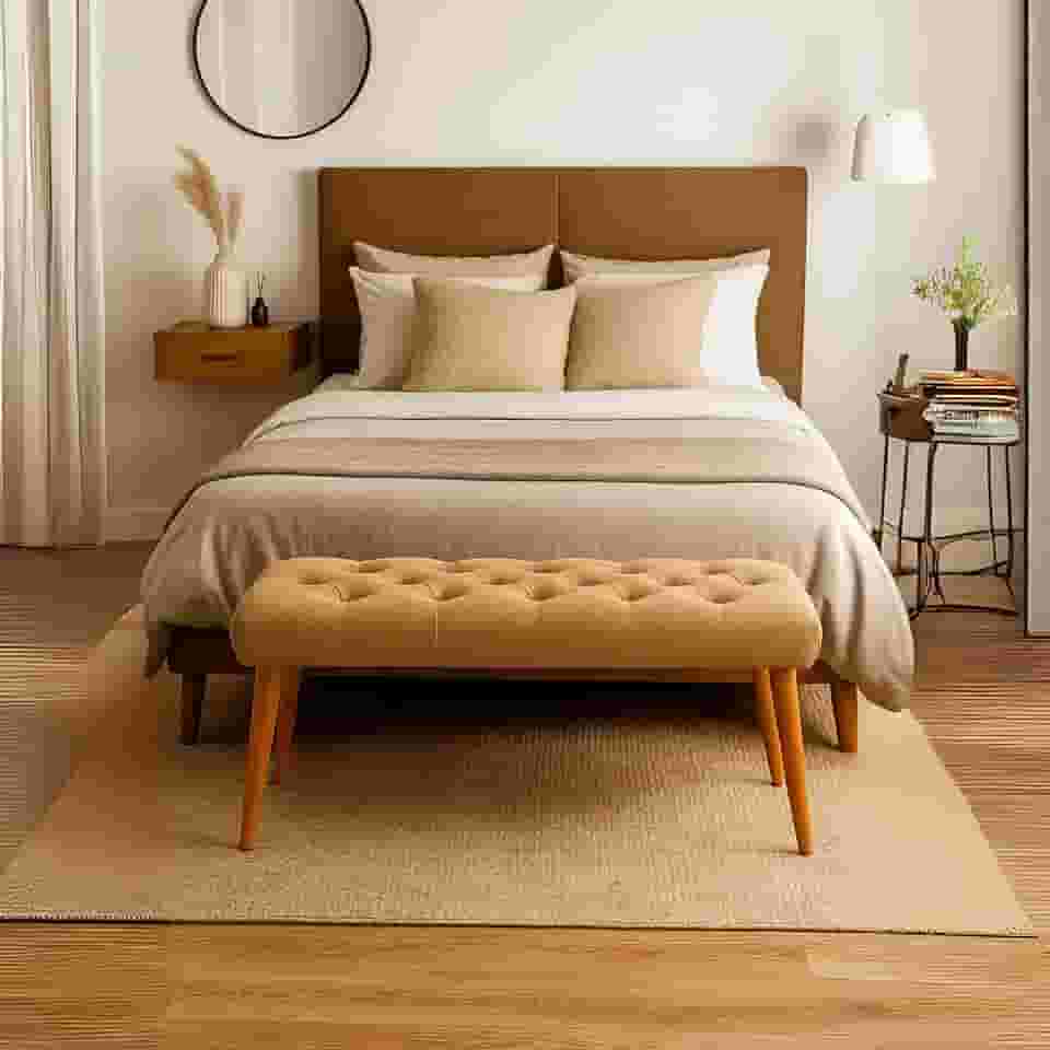 Banqueta Retangular Classic Pés De Madeira Capitonê Estofada Quarto Suede (Bege)