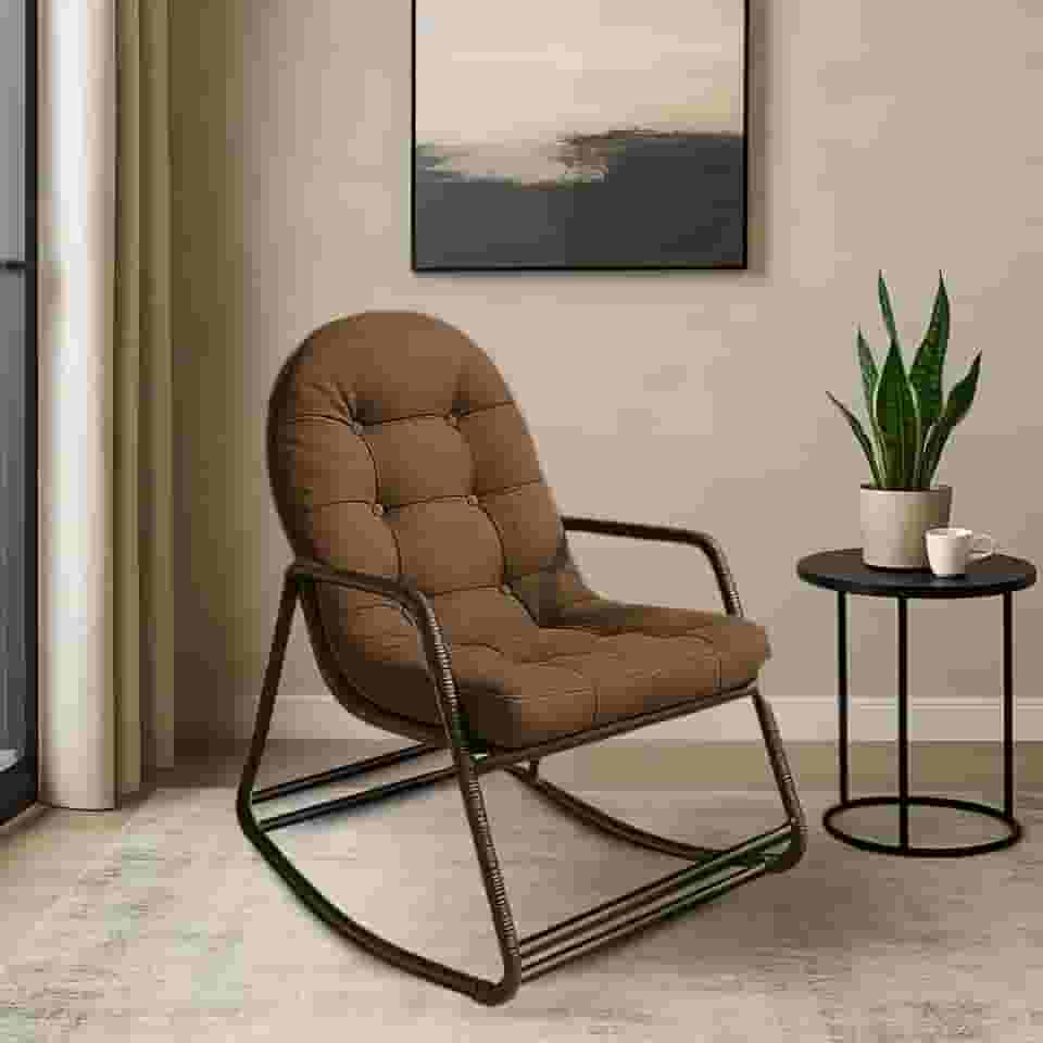 Cadeira Sossego Poltrona de Balanço e Descanso para Área Externa Coberta Estrutura de Metal Preta Almofada Acolchoada (Café)