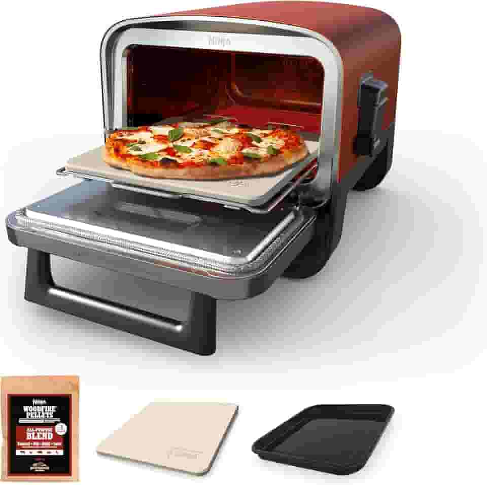 Ninja Forno De Pizza Ao Ar Livre A Lenha, Forno Elétrico Portátil 8 Em 1, Aquece Até 700 °F, 5 Configurações De Pizza Artesanal, Caixa De Defumação De Churrasco Integrada, Inclui Pellets De Madeira