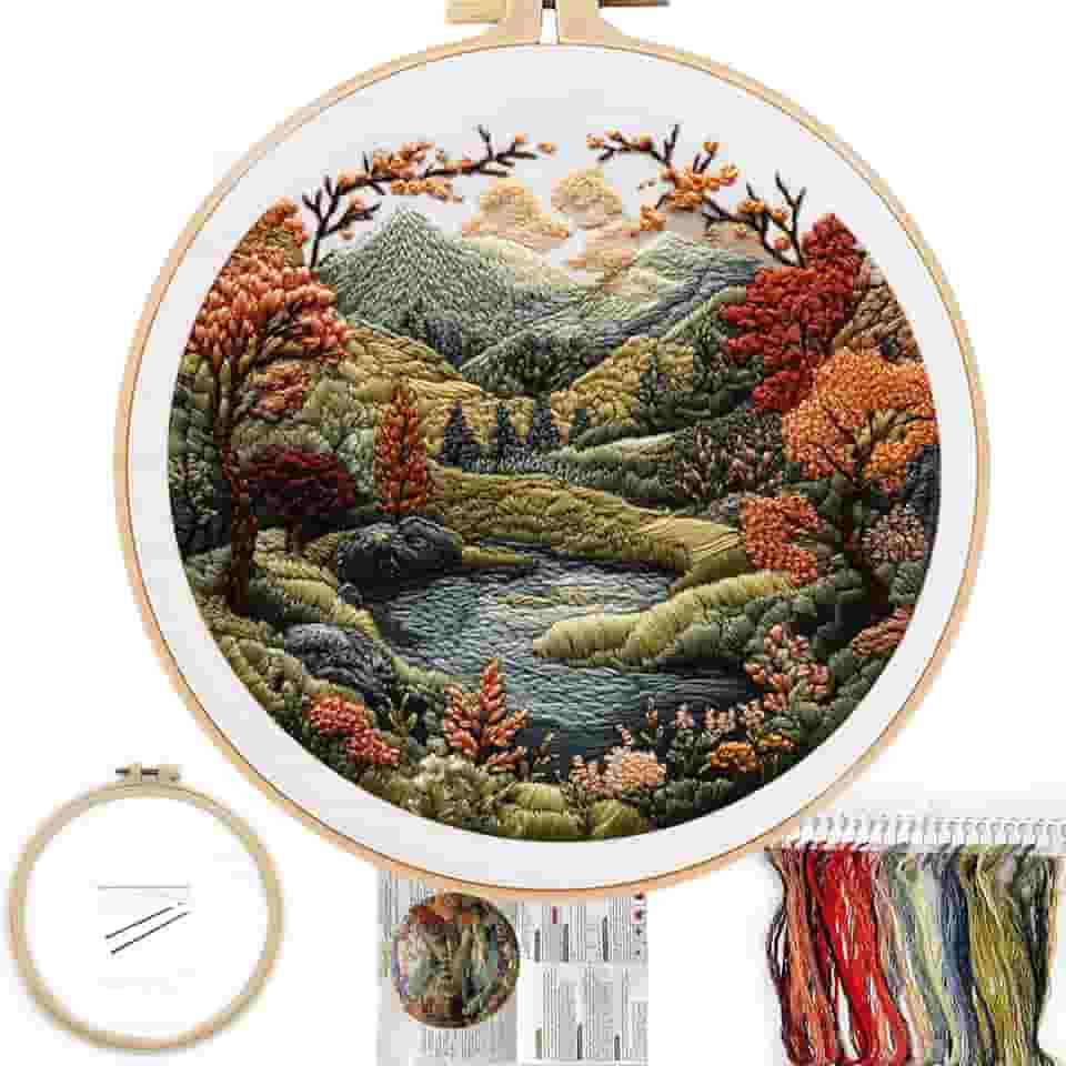 FONNUY Kit de bordado para iniciantes, kits de padrões pré-estampados com paisagem da natureza boho para adultos com aro, costura de linha colorida fácil de seguir, argola de 20 cm (colinas de flores)