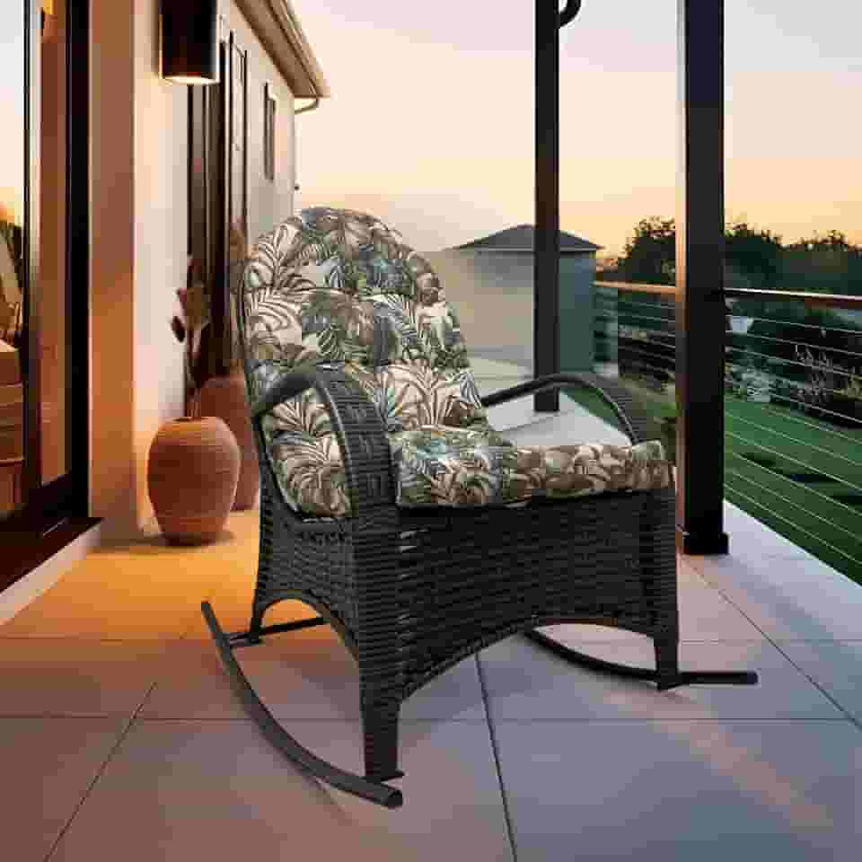 Cadeira Balanço Com Almofada Poltrona Descanso Ergonômica para Varanda Área Externa Junco Espuma Macia Tecido Impermeável… (Floral Azul)