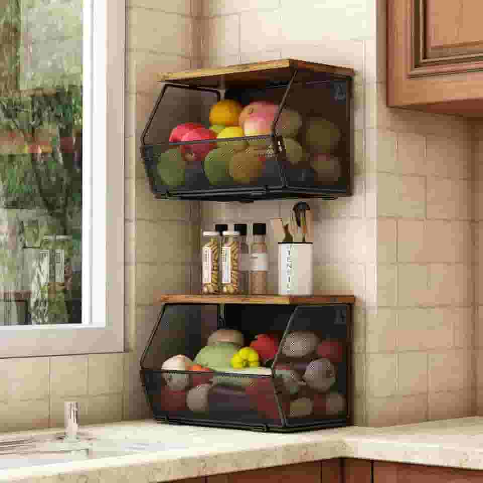 Fruteira de Parede Organizador de Frutas, Conjunto de Cesta de Frutas de com 2 Peças, Tábuas Superiores para Armazenar Frascos de Especiarias, Fruteira de Cozinha para Armazenar Verduras e Frutas
