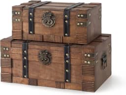 Soul & Lane Caixas de madeira com tampas articuladas – Conjunto de 2, baús decorativos para armazenamento e decoração de casa, baús de tesouro de madeira antiga marrom claro para lembranças