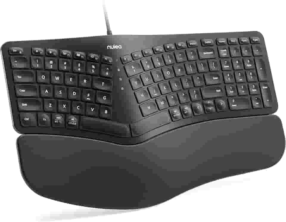 Nulea Teclado ergonômico RT05C com fio, teclado dividido com descanso de pulso acolchoado, pernas inclinadas ajustáveis, Plug and Play, cabo USB, compatível com Windows/Mac