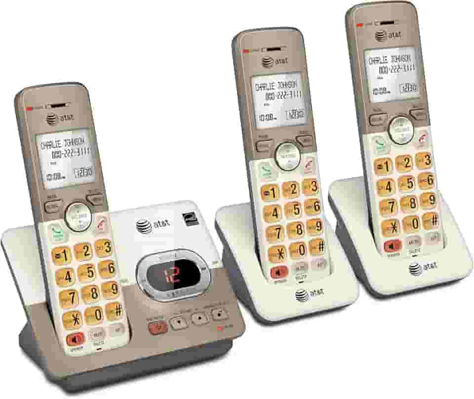 AT&T EL52313 Telefone sem fio com 3 monofones com sistema de atendimento e teclas retroiluminadas extra grandes, champanhe claro, 3 aparelhos