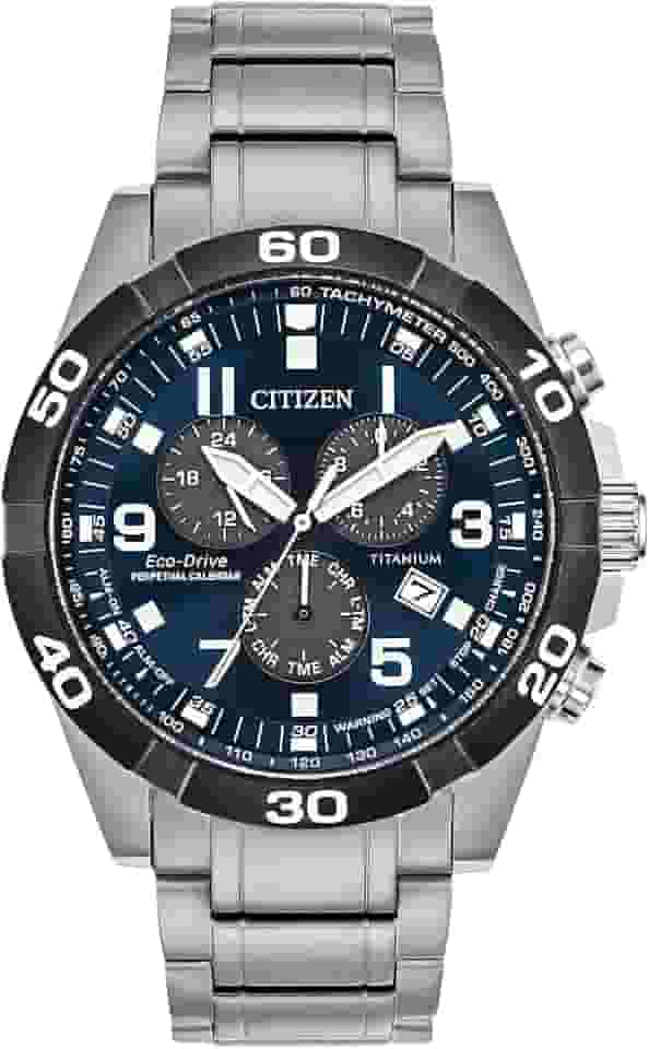 Relógio masculino Eco-Drive Sport casual Brycen cronógrafo, Super Titanium™, calendário perpétuo, taquímetro 12/24 horas, alarme, data, Pulseira/mostrador preto e azul, Cronógrafo