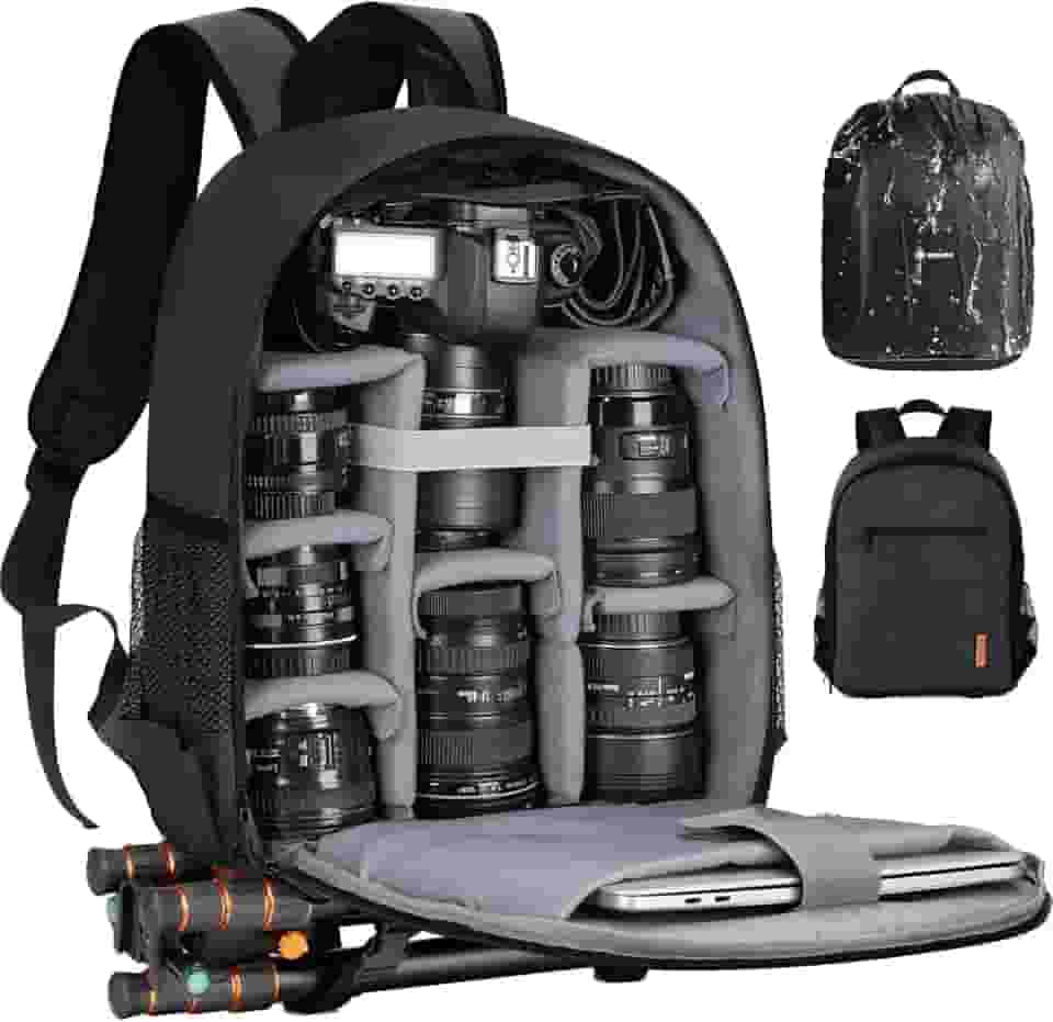 TARION Mochila pequena para câmera – Mochila profissional DSLR para fotografia com compartimento para laptop de 13 polegadas, capa de chuva à prova d'água e suporte de tripé para fotógrafos (preto