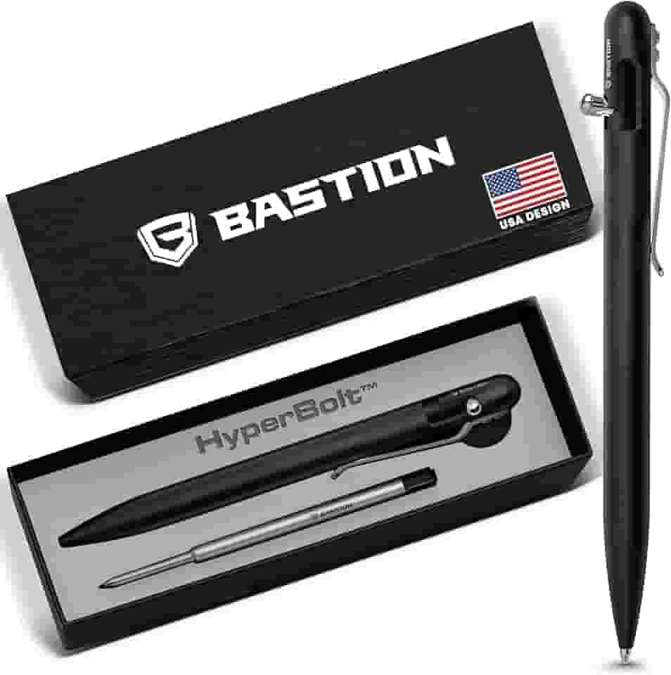 BASTION Caneta de ação Slim Bolt | Alumínio Preto | Canetas esferográficas de tinta recarregáveis de metal linda reforma lindamente mini, perfil baixo, superleve, retrátil
