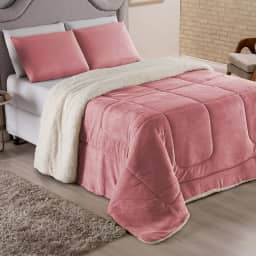 Coberdrom Queen Sherpa Cores Lisas – Edredom Casal Inverno Quente e Macio - Forro Pelucia Tipo Lã - FV Enxovais (Rose, Queen)