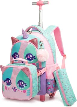 Mochila de Rodinhas Infantis Cutblajat com Kit de Lancheira e Estojo, Design de Unicórnio em Rosa e Azul