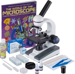 Microscópio AmScope 40X-1000X sem fio para estudantes com kit de preparação de deslizamento e o World of The Microscope Book M150C-SP14-CLS-50P100S-WM