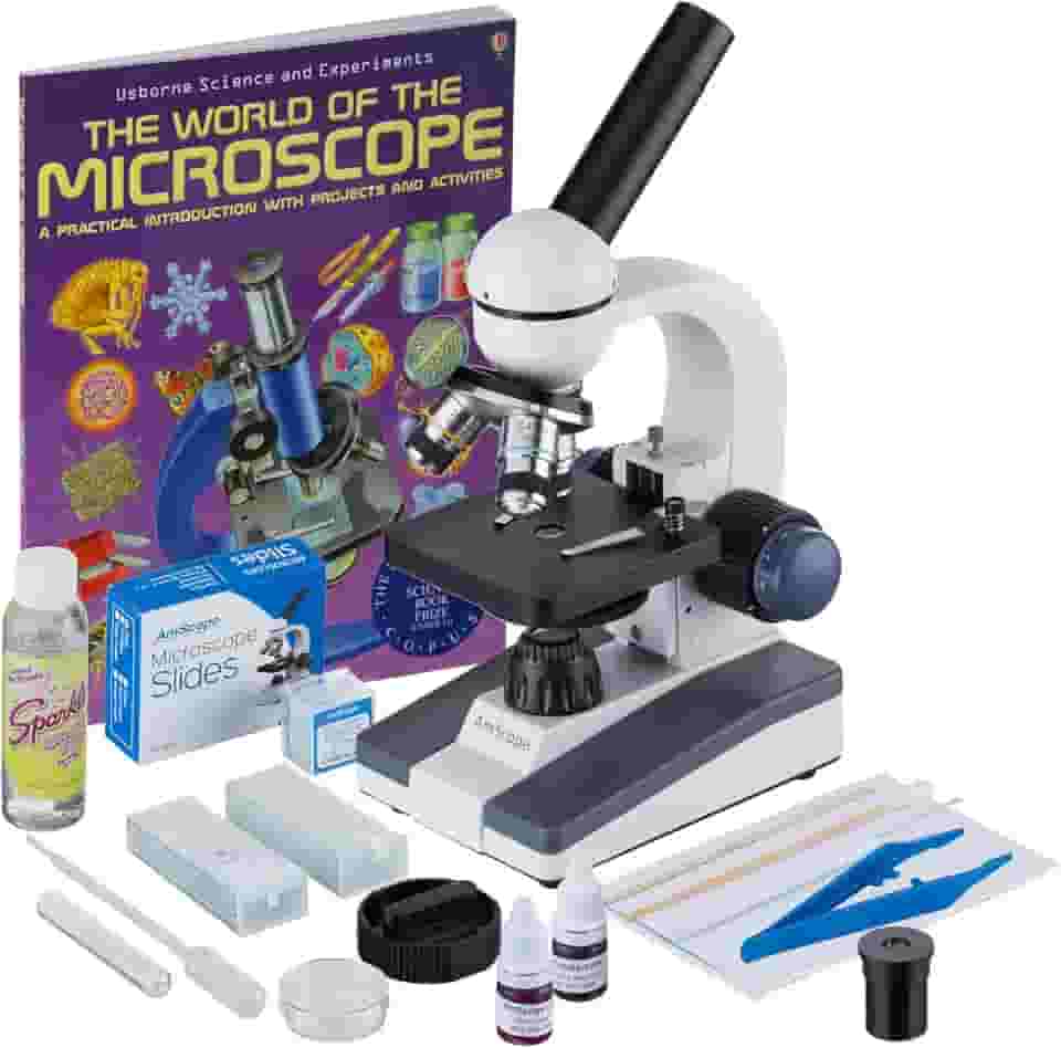 Microscópio AmScope 40X-1000X sem fio para estudantes com kit de preparação de deslizamento e o World of The Microscope Book M150C-SP14-CLS-50P100S-WM