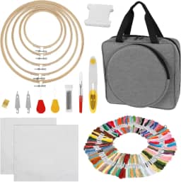 Kit de bordado, inclui 100 fios coloridos, 5 argolas de tamanhos diferentes, bolsa de transporte de suprimentos de bordado com vários bolsos e alça para iniciantes e artesãos experientes