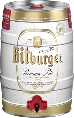 Cerveja BITBURGER Premium Pils | Barril contendo 5 Litros | Sabor lupulado marcante | Produzida de acordo com a lei de pureza alemã