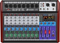 VEDO Mesa de Mistura CT8 Profissional de 8 Canais com Equalizador de 3 Bandas, 24 Efeitos DSP, Bluetooth 5.0, Reprodução/Gravação USB, Alimentação Phantom 48V para Som ao Vivo, Estúdio, Karaokê