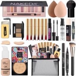 Kit completo de maquiagem para mulheres, kit completo de maquiagem de viagem, conjunto de presente para mulheres adolescentes e meninas, inclui sombra, CC, base, batom, rímel, pincel, esponja, pó para