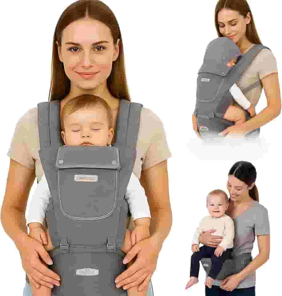 AIEBAO Bolsa Para Bebê Canguru Exclusive, Ergonômico, Protetor de Sol e Chuva, Com Assento, 03 Modos de Uso, Apoio Lombar, Bolso Frontal e Lateral com Zíper, Até 48 Meses, Suporta 36kg, Acolchoado, Fivelas Ajustáveis, Cinza.
