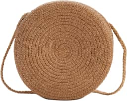 Bolsa feminina de palha redonda de 16,5 cm, bolsa de tecido casual de ombro único, com zíper, cor sólida, bolsa portátil para férias na praia, viagem, cáqui