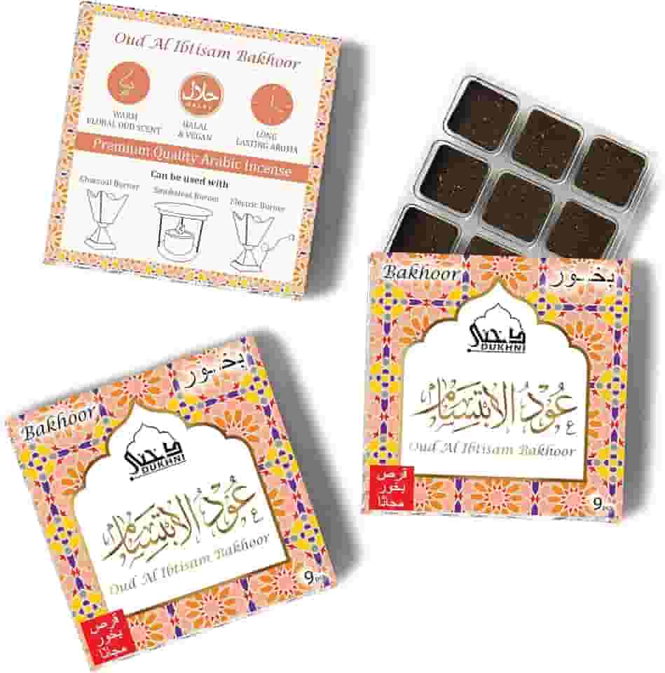 Oud Al Ibtisam Bakhoor عود الابتسام بx:li>ور da Dukhni | 3 caixas x 9 peças cada | Incenso Bakhoor Árabe | Mistura de Oud Floral Quente| Perfeito para o Tempo de Oração | Para Relaxar e Meditar | Receita tradicional feita à mão