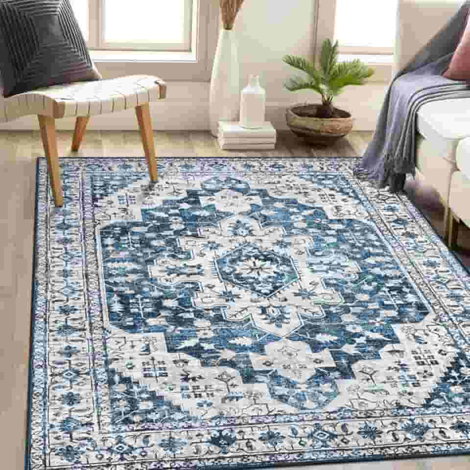 Tapetes tapete turquesa persa para casa, sala de estar, quarto, mesinha de cabeceira, lavável na máquina, tapete de vários tamanhos, azul e branco clássico, 60 x 90 cm