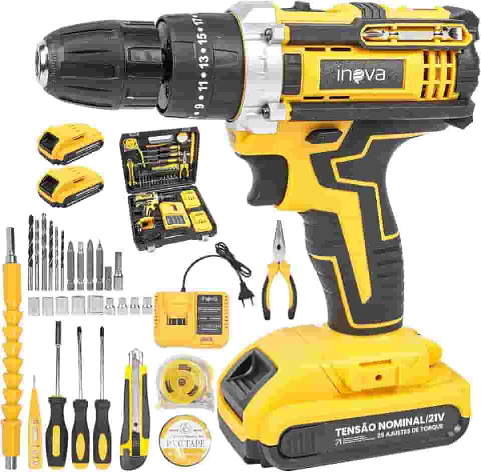 Furadeira e Parafusadeira de Impacto Sem Fio 21V, kit ferramentas 30 acessórios com 2 Baterias 2000mAh e Carregador, percussão de 35Nm, 25+3 configurações de torque, 2 velocidades, LED, para DIY