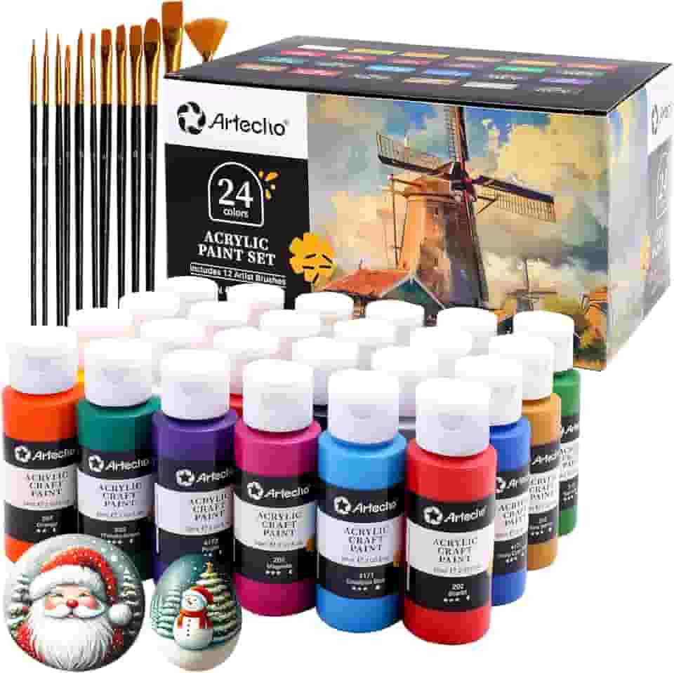 Artecho Conjunto de tinta acrílica 24 cores 59 ml com 12 pincéis, kit de tintas para artesanato, tinta para tela, pedras, madeira, tecido, cerâmica e materiais de arte, tinta não tóxica para artistas