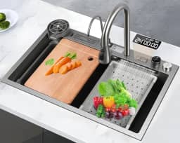 Cuba Inox Cozinha, Pia de Cozinha, Cuba de Inox, Pia Cozinha, 75X45 CM, Tipo Cascata, Torneira Telescópica e Acessórios Completos