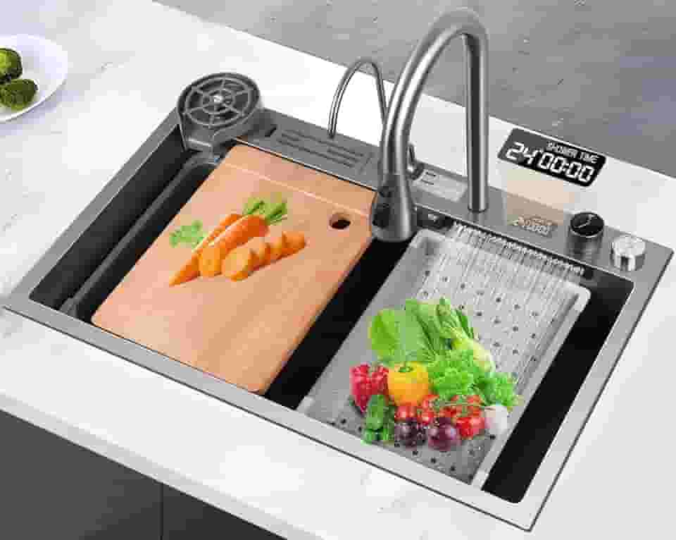 Cuba Inox Cozinha, Pia de Cozinha, Cuba de Inox, Pia Cozinha, 75X45 CM, Tipo Cascata, Torneira Telescópica e Acessórios Completos