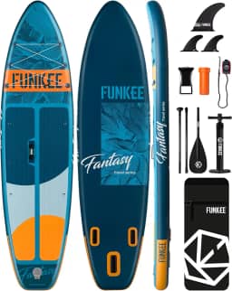 Prancha de stand up paddle inflável extra larga de 11'×34'×6', prancha de sup com barbatanas removíveis, mochila, remo flutuante, trela de segurança, capa de telefone flutuante para a