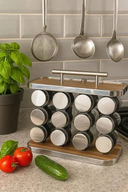Porta-Temperos em Vidro e Inox, 12 Compartimentos de 90ml, Base em Madeira