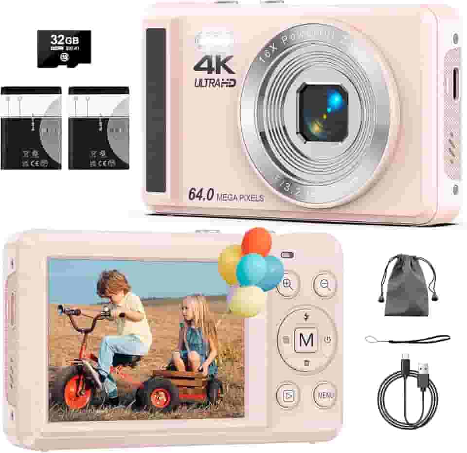 Câmera Digital 4K 64MP com Foco Automático,Fotográfica para Vlog, Zoom, Tela 2.8 Polegadas,fotografia, Cartão SD de 32GB, 2 Baterias, Câmera Compacta,para Adolescentes e Iniciantes, Flash(rosa)
